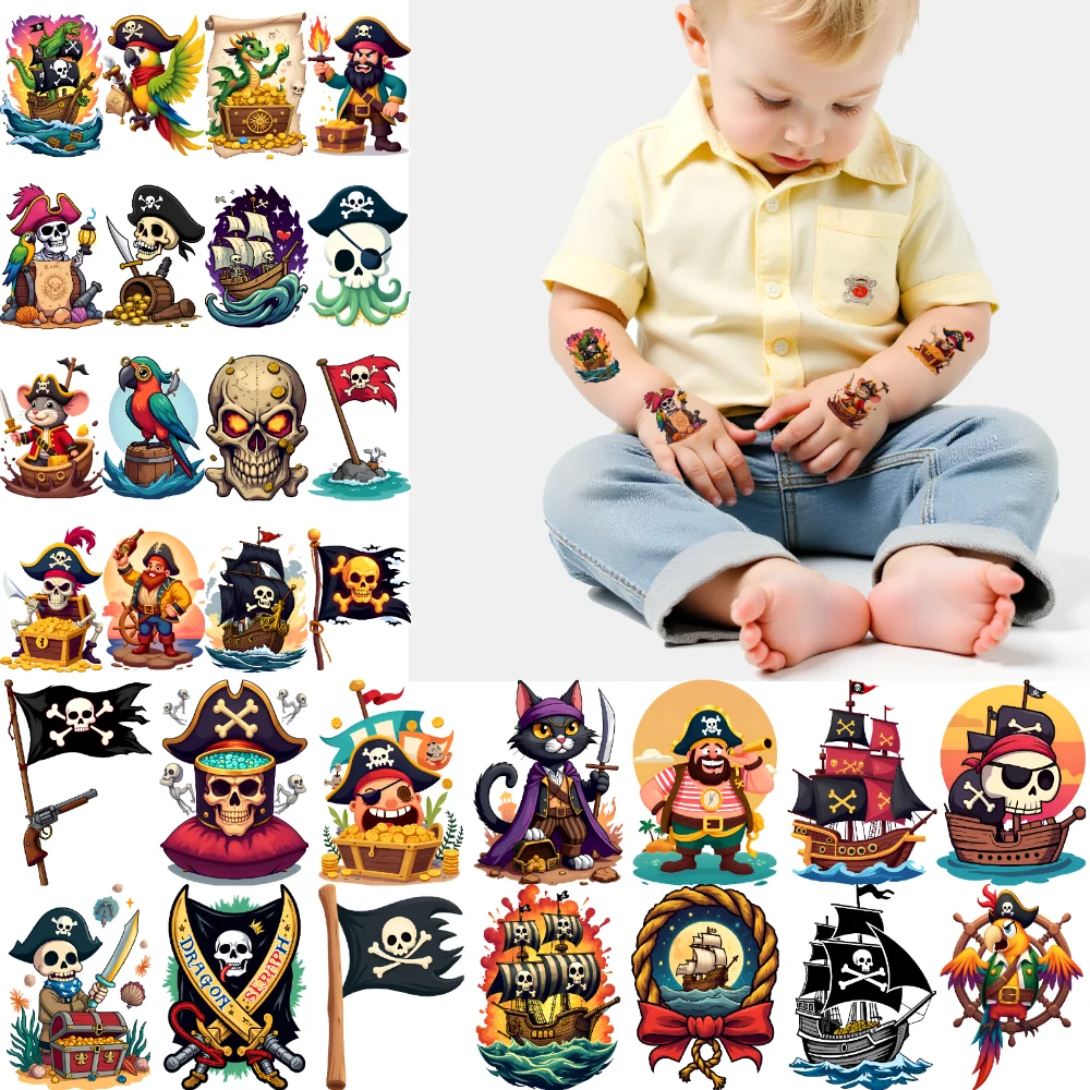 

54pcs Temporary Tattoo Pirate Skull Waterproof Long-lasting Body Stickers Pirate Ship Pirate Treasure Cartoon For Women