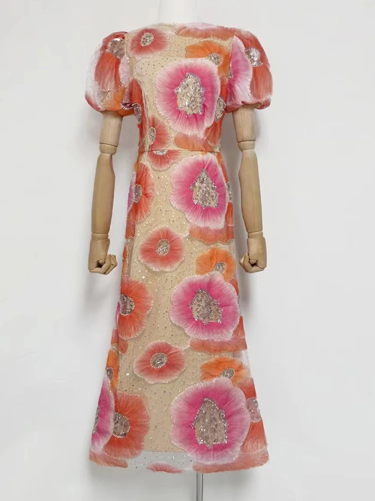 Printemps et été 2025 femmes nouvelle bulle manches patch fleur perlée brodée robe à paillettes mince robe de dîner de célébrité