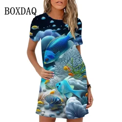 New 2024 Women Dress Streetwear Clothing Casual Loose Short Sleeve O-Neck Mini Dress Fish Octopus Crabfish Pattern Woman Dresses