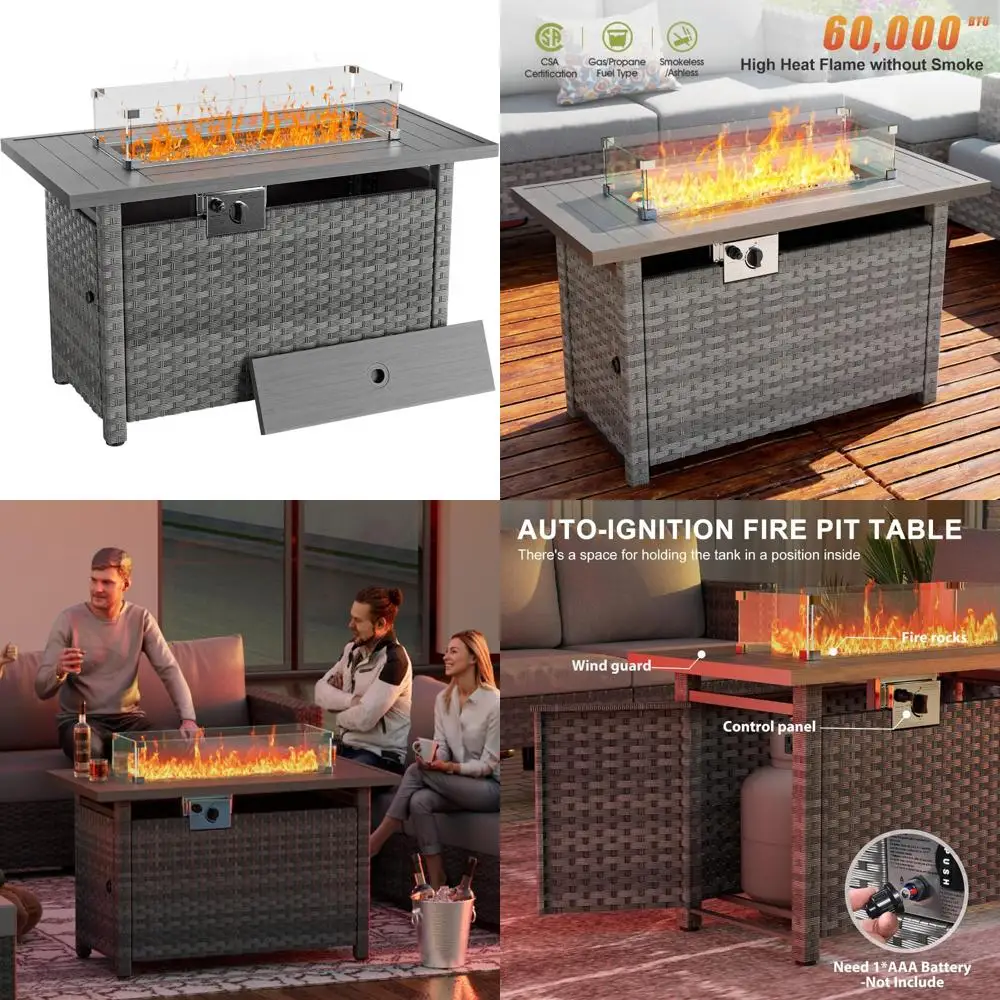 Outdoor Rectangular Propane Gas Fire Pit Table with Wind Guard and Auto-Ignition for Patio Use