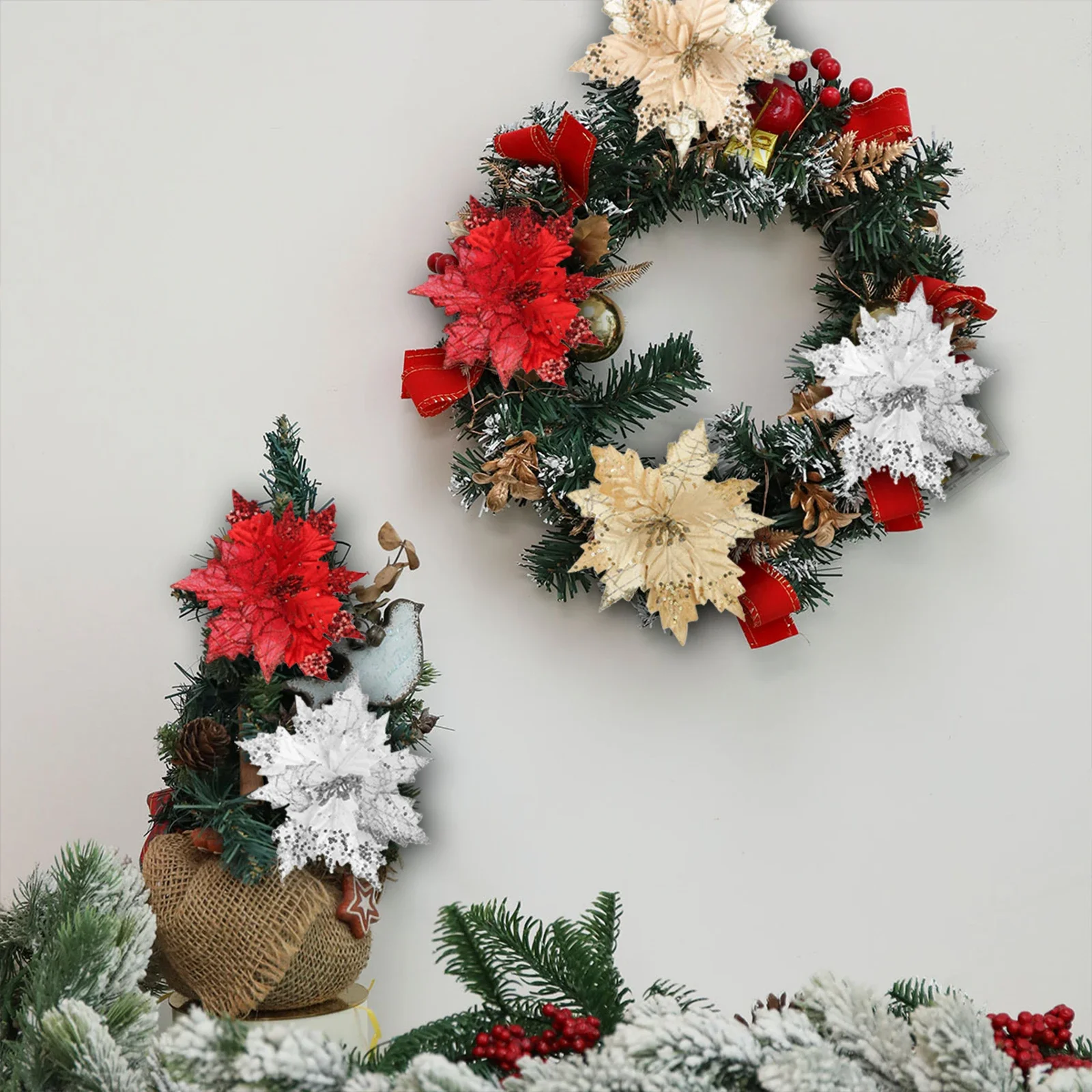 20cm Glitter Christmas Flower, Flannel Artificial Flower, DIY Glittering Christmas Tree and Wreath Decoration, 25cm Length