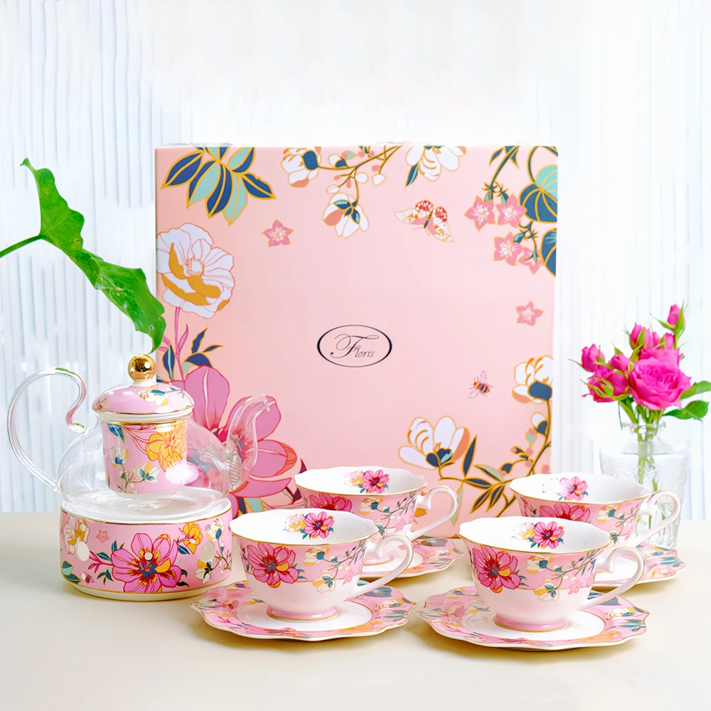 Luxury New Style Elegant Design Ceramic Bone China Tea Set Coffee Cup and Saucer with Tea Pot and 2 Tires Cake Stand for Gift