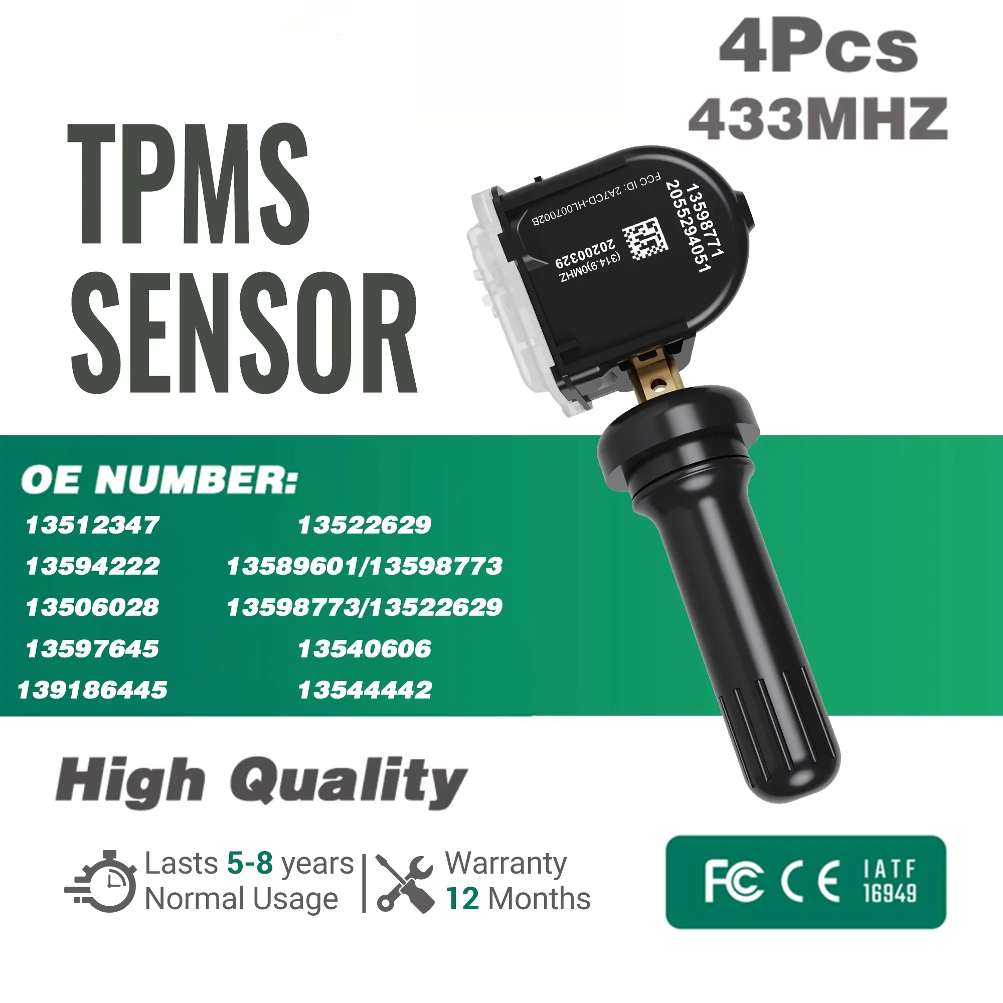 

433MHz TPMS Tire Pressure Sensor for GMC Opel/Vauxhall Cadillac Chevrolet Holden Buick HSV 13598773 13594222 13512347 13597645