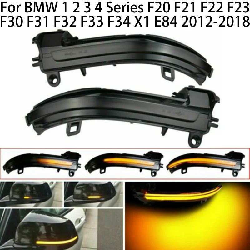 

For BMW 1/2/3/4 Series F20/F21/F22/F23/F30/F31/F32 X1 E84 LED Dynamic Side Mirror Turn Signal Yellow Flowing Light Black Housing
