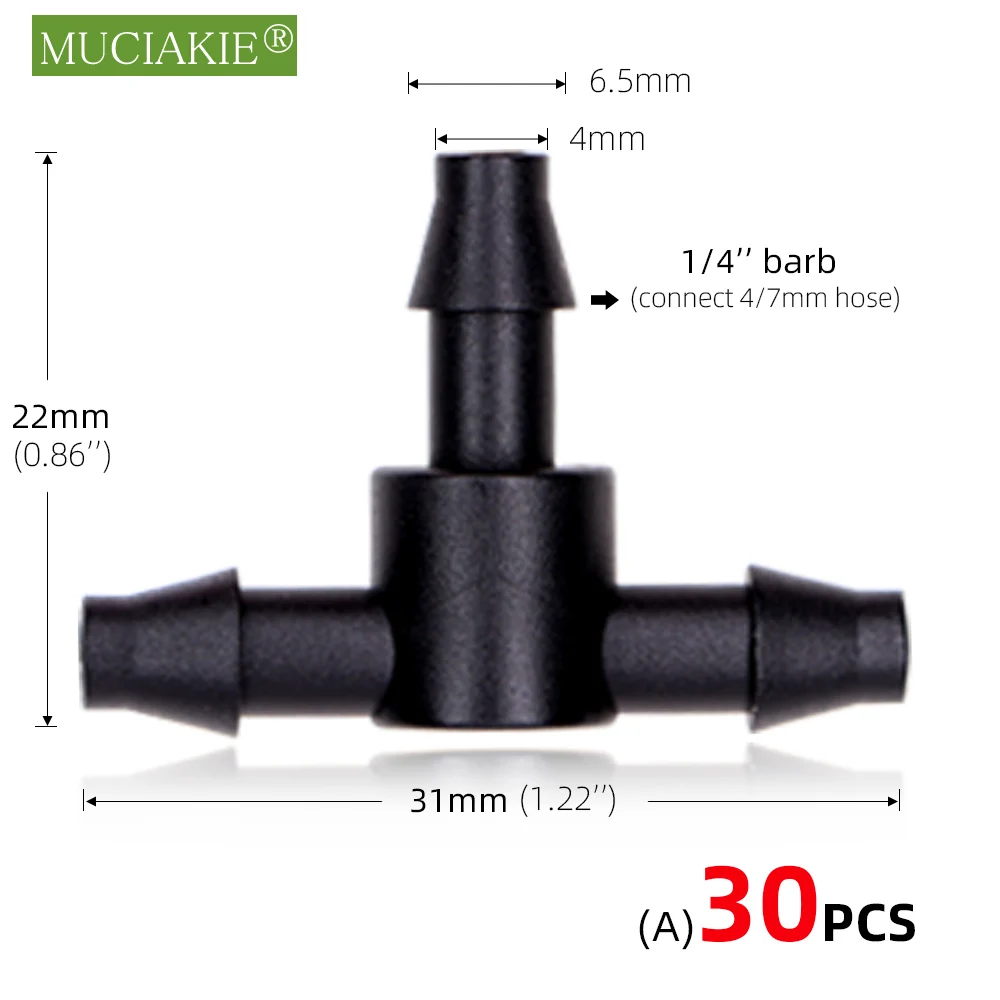 30 STÜCKE 1/4 \'\' Mikroschlauch Wasseranschluss Garten Tropfbewässerung Kupplungsadapter 4/7 mm Widerhaken T-Stück Gleiche Kreuzwinkel