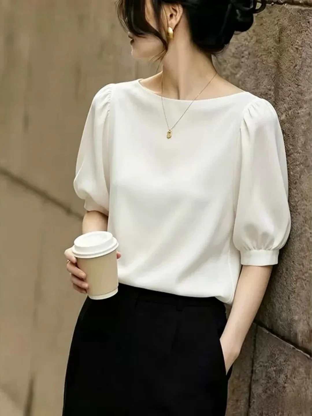 

Elegant Pure Color Short Sleeve Shirt Comfortable Women's Top Korean Style Straight Cut Silken Blouse for Younger Looking