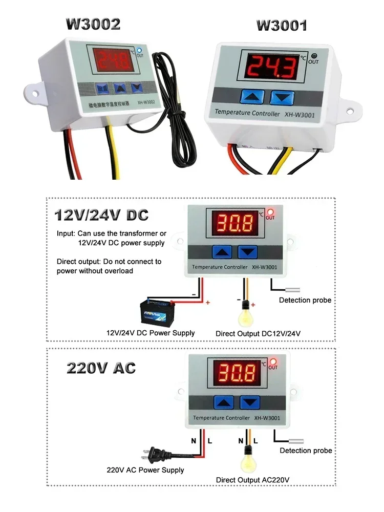 마이크로 컴퓨터 온도 컨트롤러, W3001, W3002, DC12V, 24V, AC110, AC200V, 디지털 온도 조절기, 온도 조절기, 가열 냉각 제어 