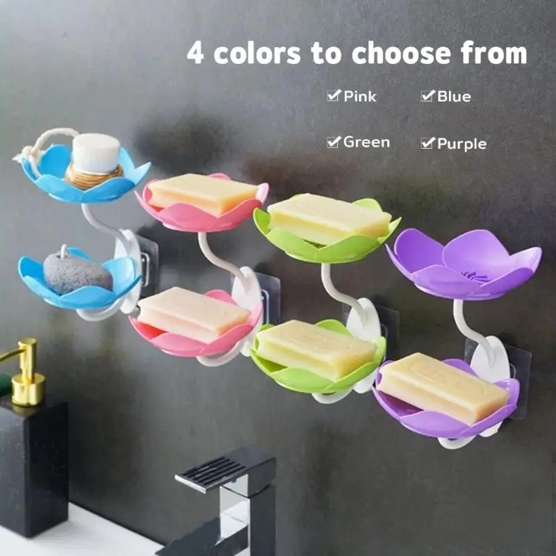 Double Layer Lotus Shaped Flowers Shape Soap Dish Soap Box Punch-free Wall Mounted Floral Soap Dish Shelf Holders
