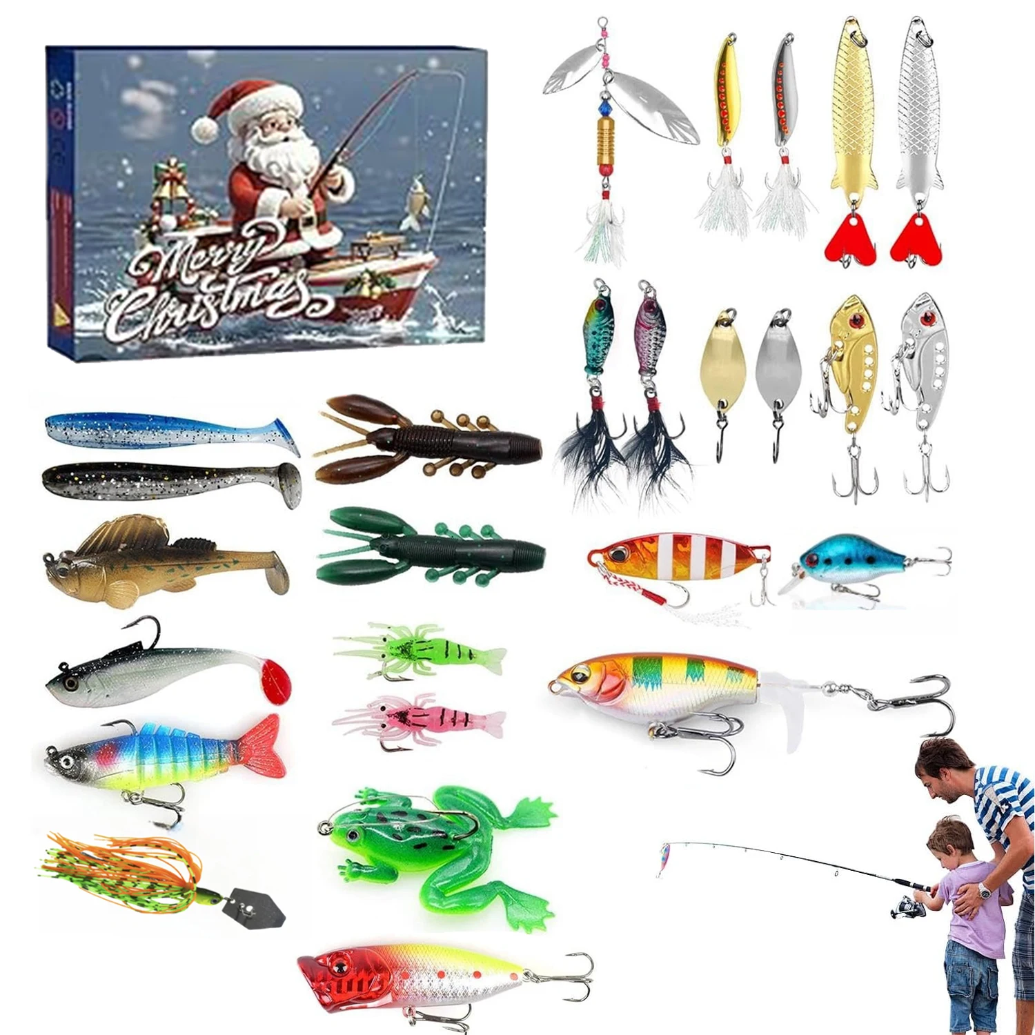 Calendario de Adviento de pesca 2024,24 días Señuelo de pesca Calendario de cuenta regresiva de Navidad Aparejos de pesca Regalo de Navidad para