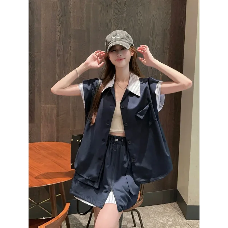 Gilet sans manches bleu marine pour femmes, chemise rayée, ensemble deux pièces, coupe ample, décontracté, Streetwear, tenue assortie