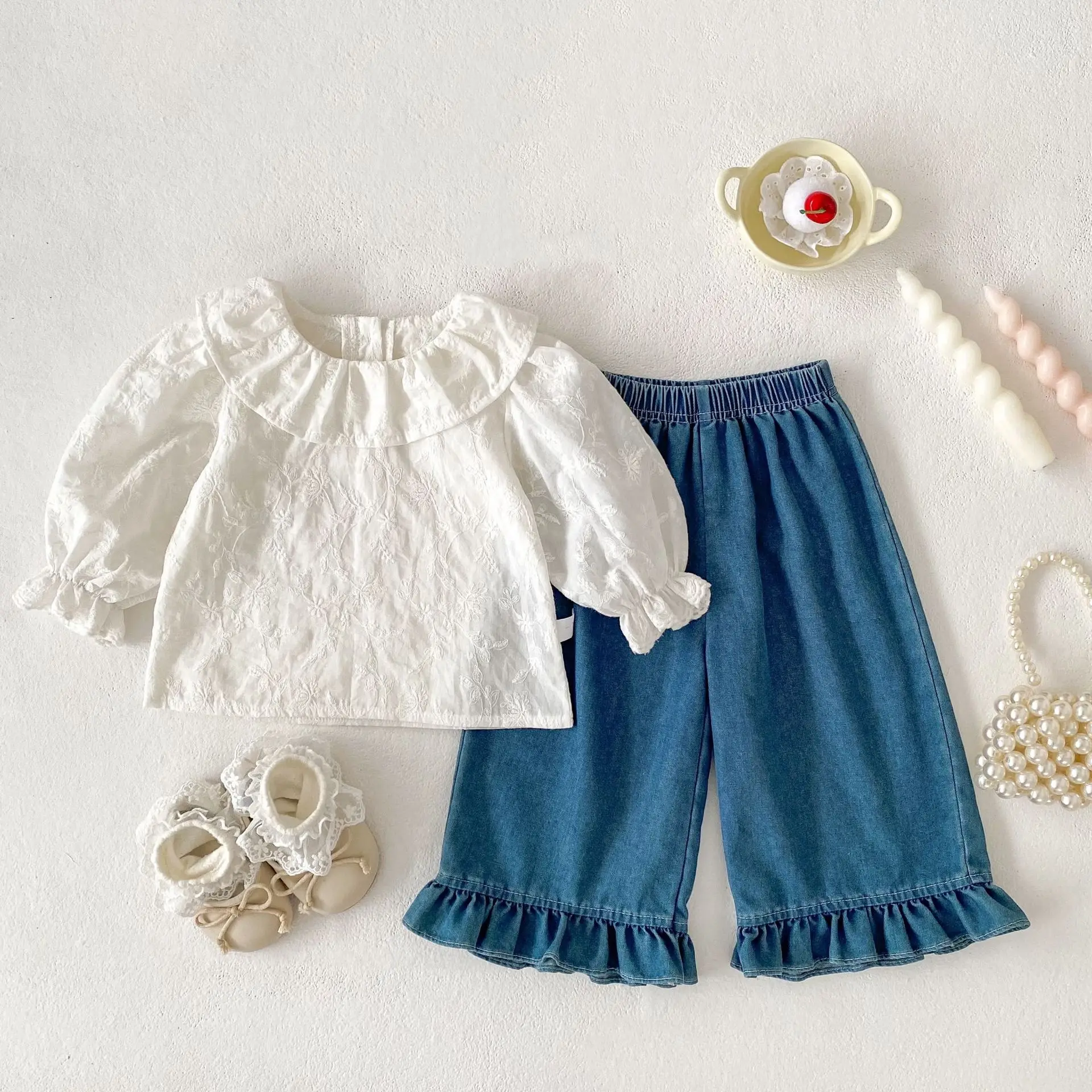 2026 Baby Girl Autumn Fashion Two Piece Set Embroidered Long Sleeve Shirt Western Cowboy Nine Leg Pants Girls' Set