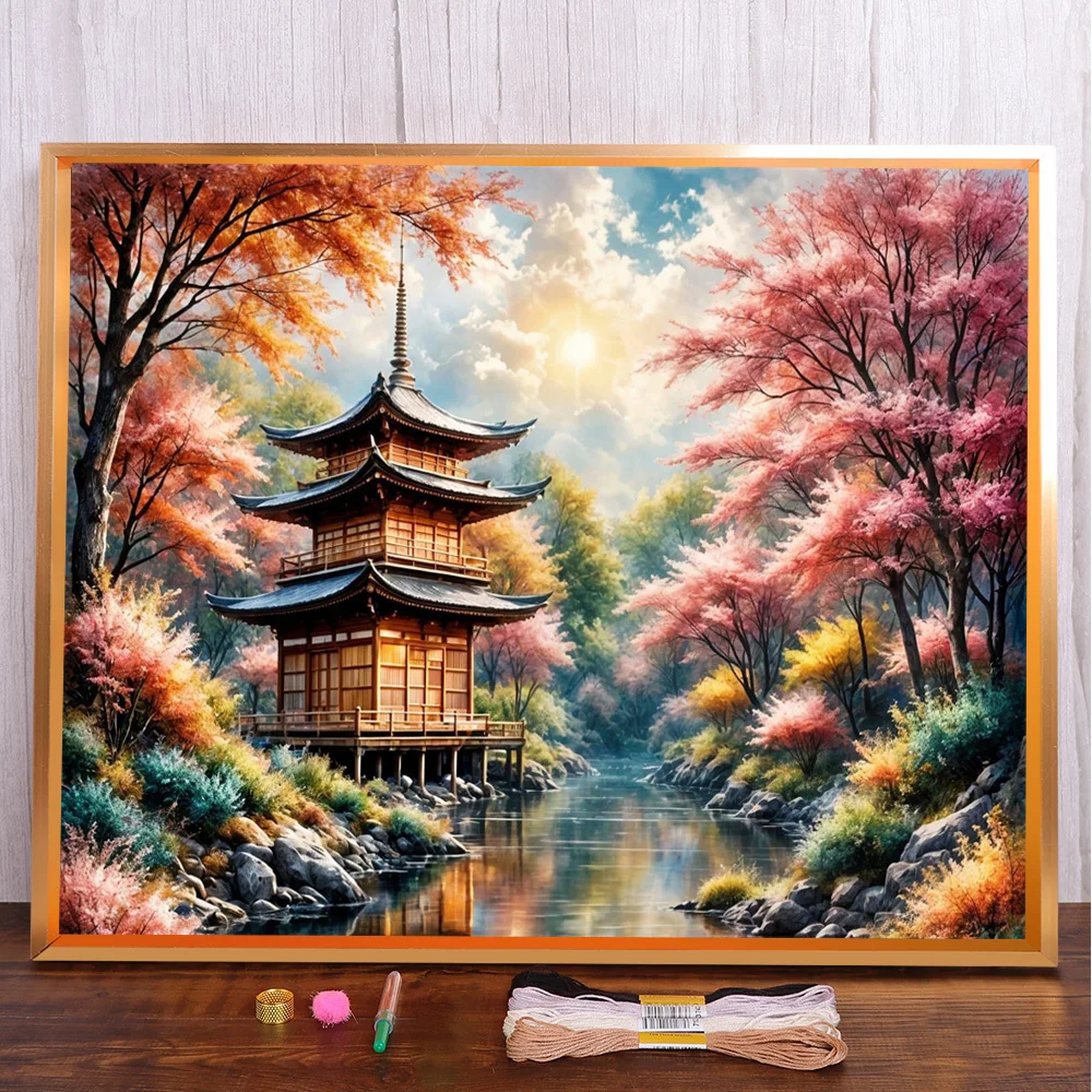 

Landscape Pagoda River Printed Canvas Cross Stitch Set Embroidery Handmade Sewing Handicraft Needlework Design Home Decor Floss