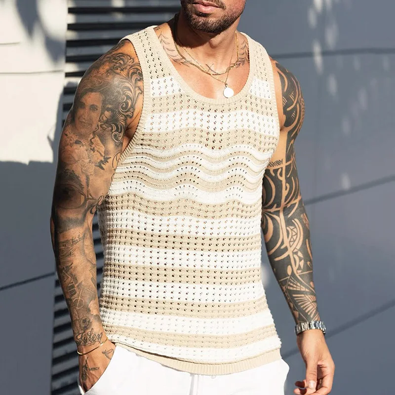 Men Vest Knitted Sleeveless Crew Neck Color-Block Casual Knitted Vest Spring Autumn New Fashionable Comfortable Solid Simple