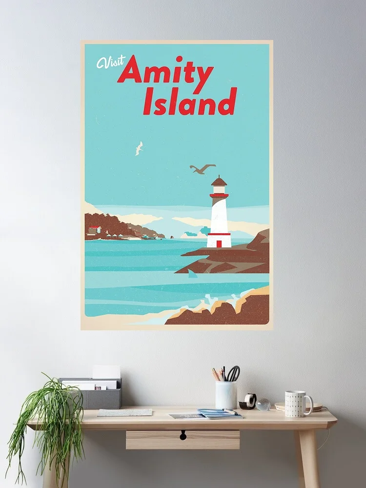 Visit Amity Island Jaws Massachusetts Fantasy Travel Retro Vintage Shark Fin Attack Lighthouse Beach , Art Print Canvas Poster