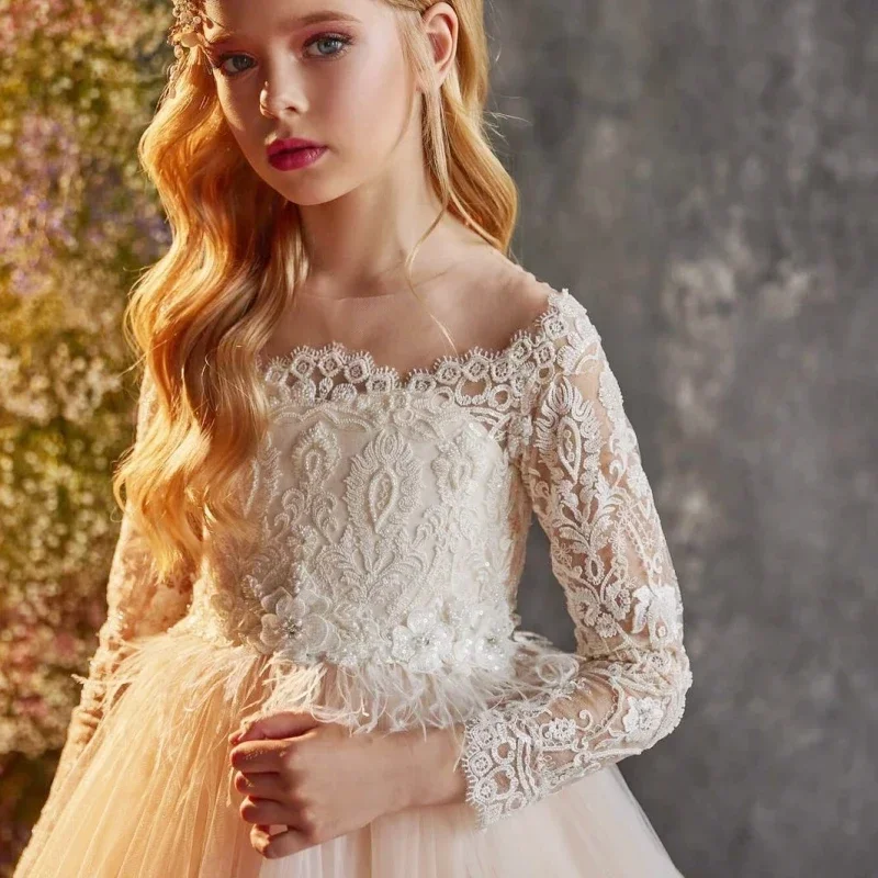 Flower Girl Dresses Champagne Tulle Puffy White Pattern Appliques Long Sleeve For Wedding Birthday Party Banquet Gown Customized