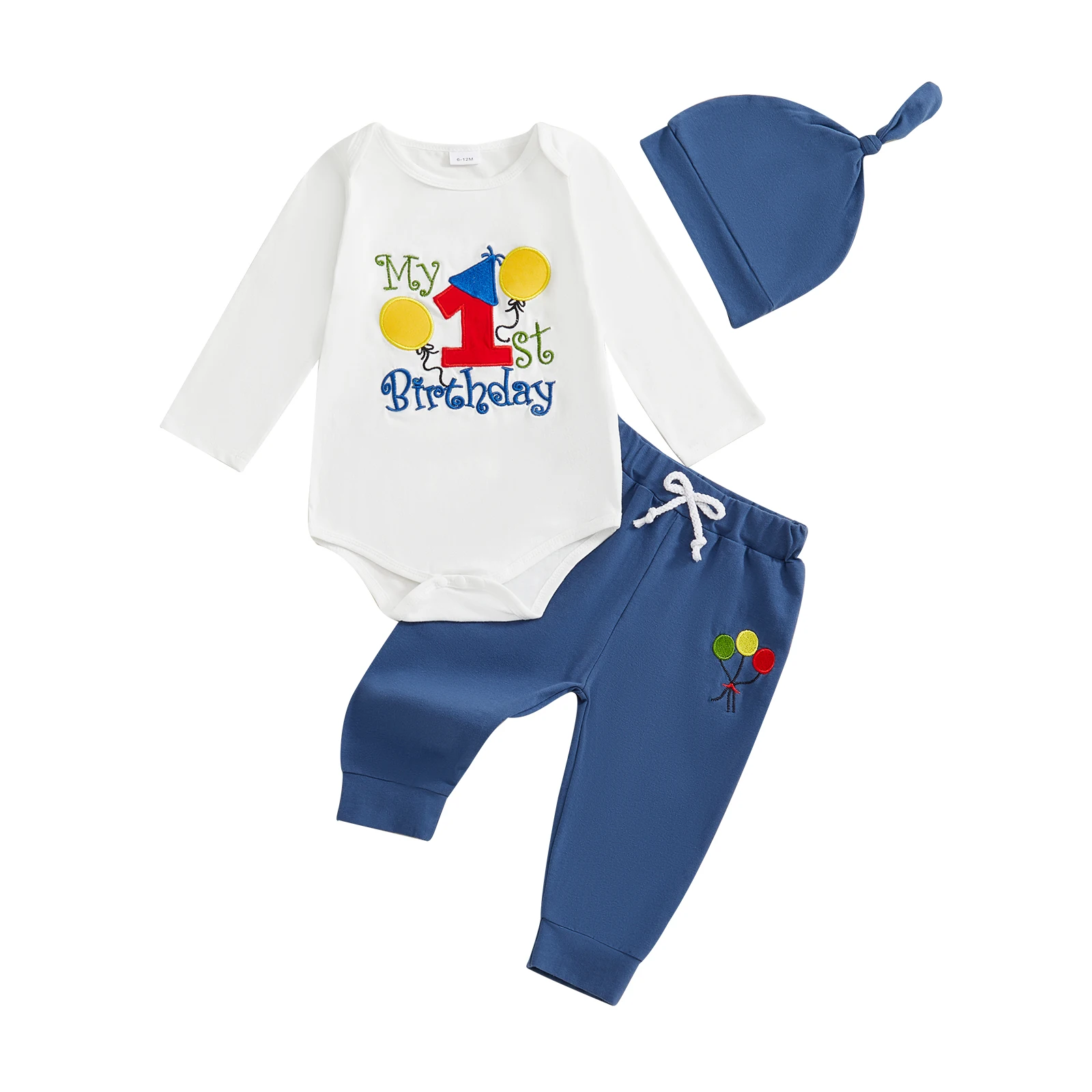 

Infant Boy Birthday Suit Monogrammed Bodysuit with Stretchy Trousers and Matching Cap Ensemble 3 Piece Attire