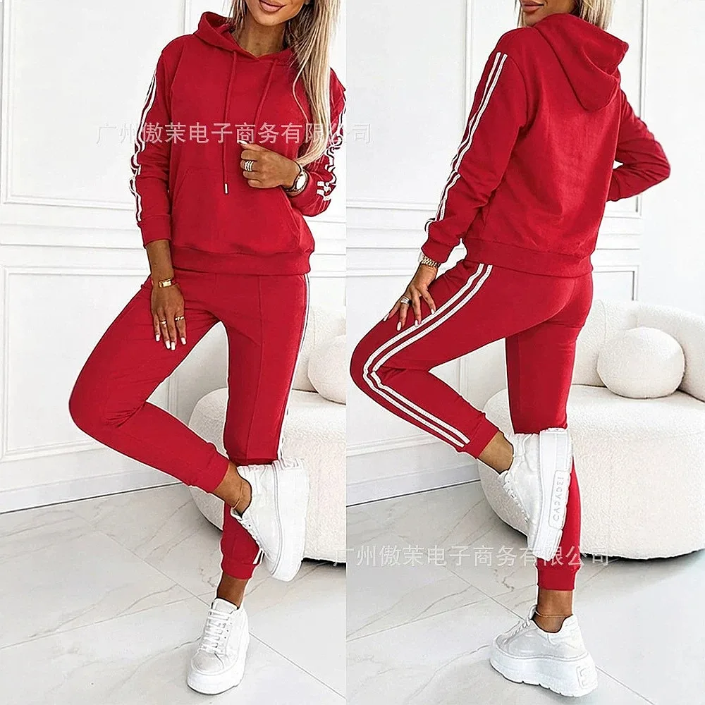 Matching Set Hoodie Jumpsuit Set Side Stripe Red Hooded Sweatshirt Jogger Pants Sportswear 2 Piece Outfits