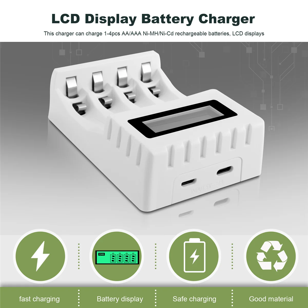 Cargador de batería inteligente con pantalla LCD, dispositivo con 4 ranuras para pilas recargables AA/AAA, NiCd, NiMh, AA