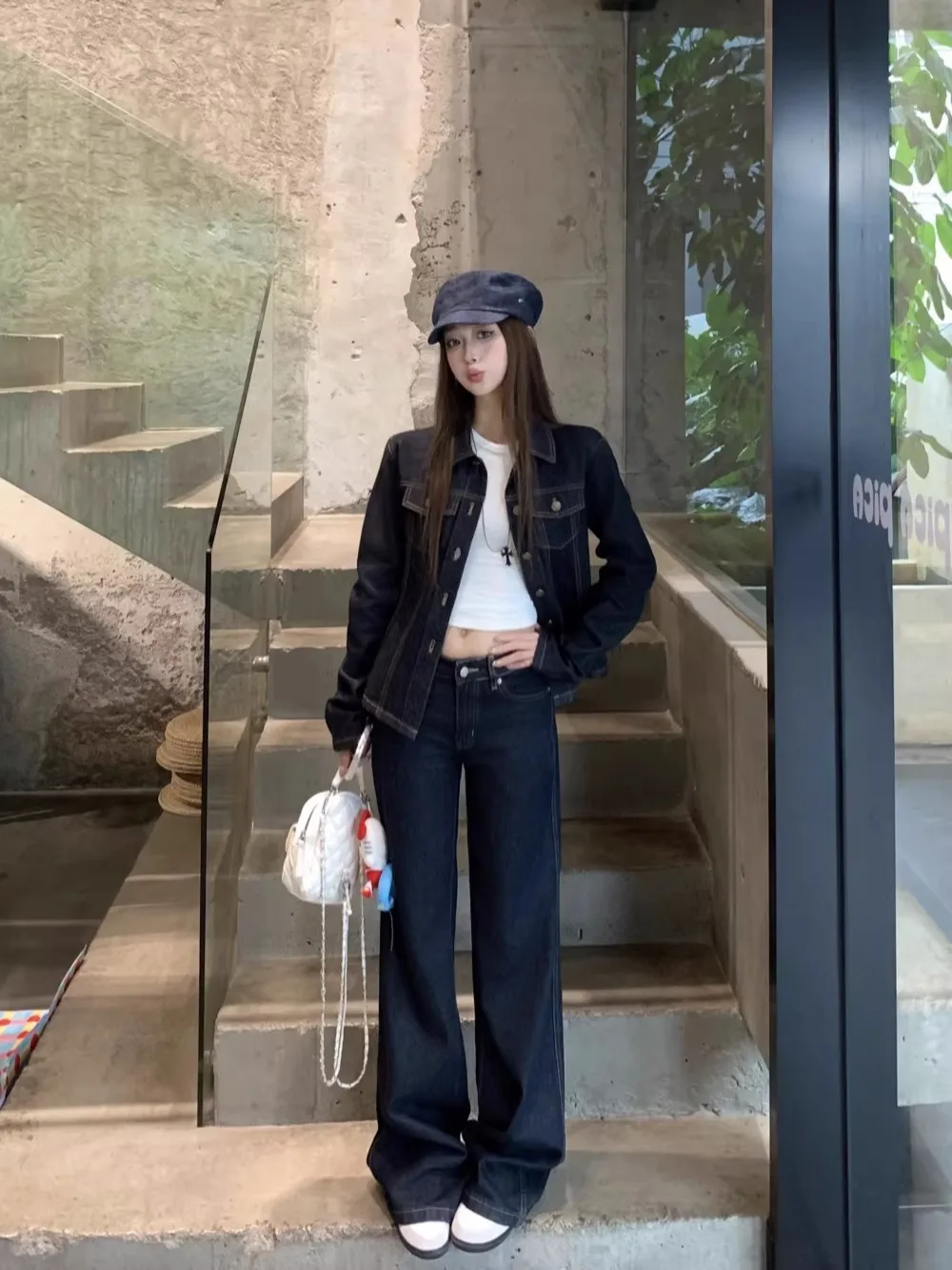 

Stylish Women's Denim Set with Long Sleeves And Classic Collar Vintage High Waist Straight Leg Jeans Two Piece Outfit