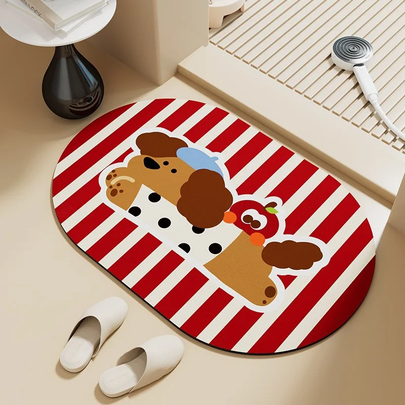 VIKAMA Oval Beige Dachshund Pajama Sleep Hat Bath Mat Water Absorbent Non Slip Bathroom Bedroom Christmas Holiday Home Decor