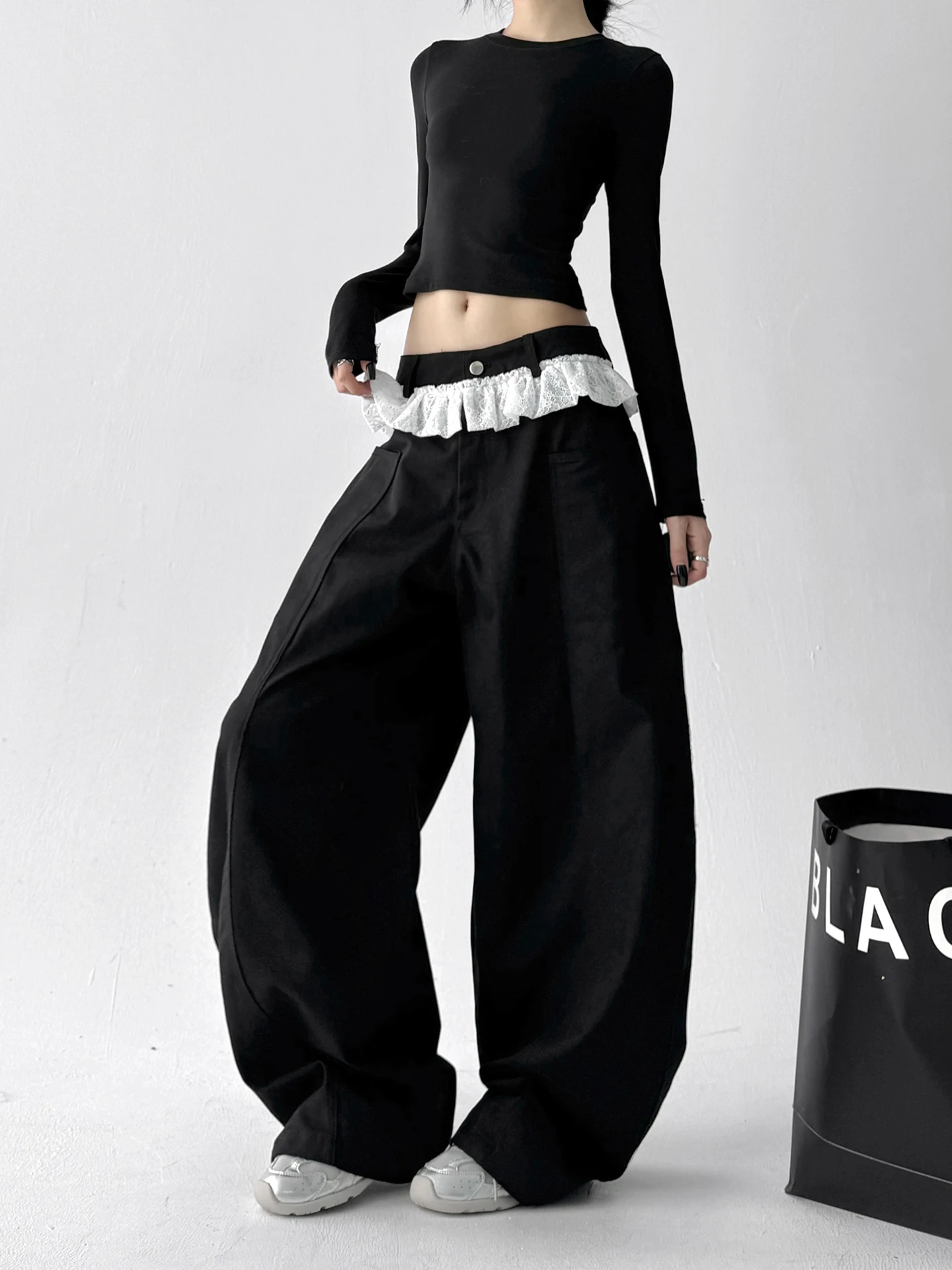 Khaki Color Block Lace Wide Leg Pants Women's Casual Style High Waist Cotton Trousers Autumn Winter New Loose Elegant Student...