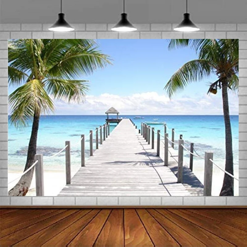 

Tropical Seaside Photography Backdrop Holiday Coconut Trees Wooden Pier Gazebo Background Wedding Ceremony Honeymoon Birthday