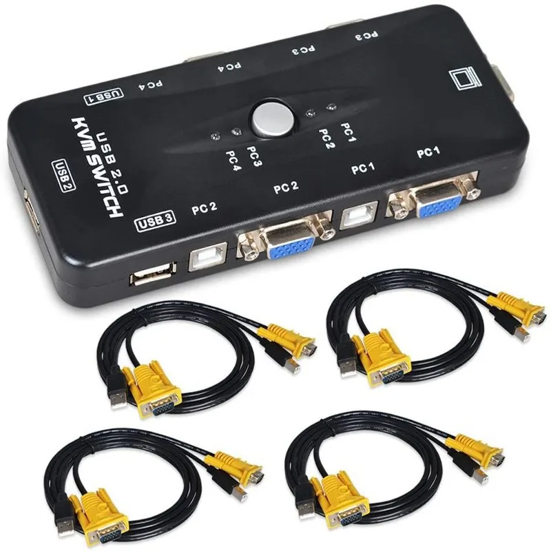 USB KVM Switch 4 Port PC Monitor Switches with 4 USB VGA Cables for Computer Keyboard Mouse Monitor