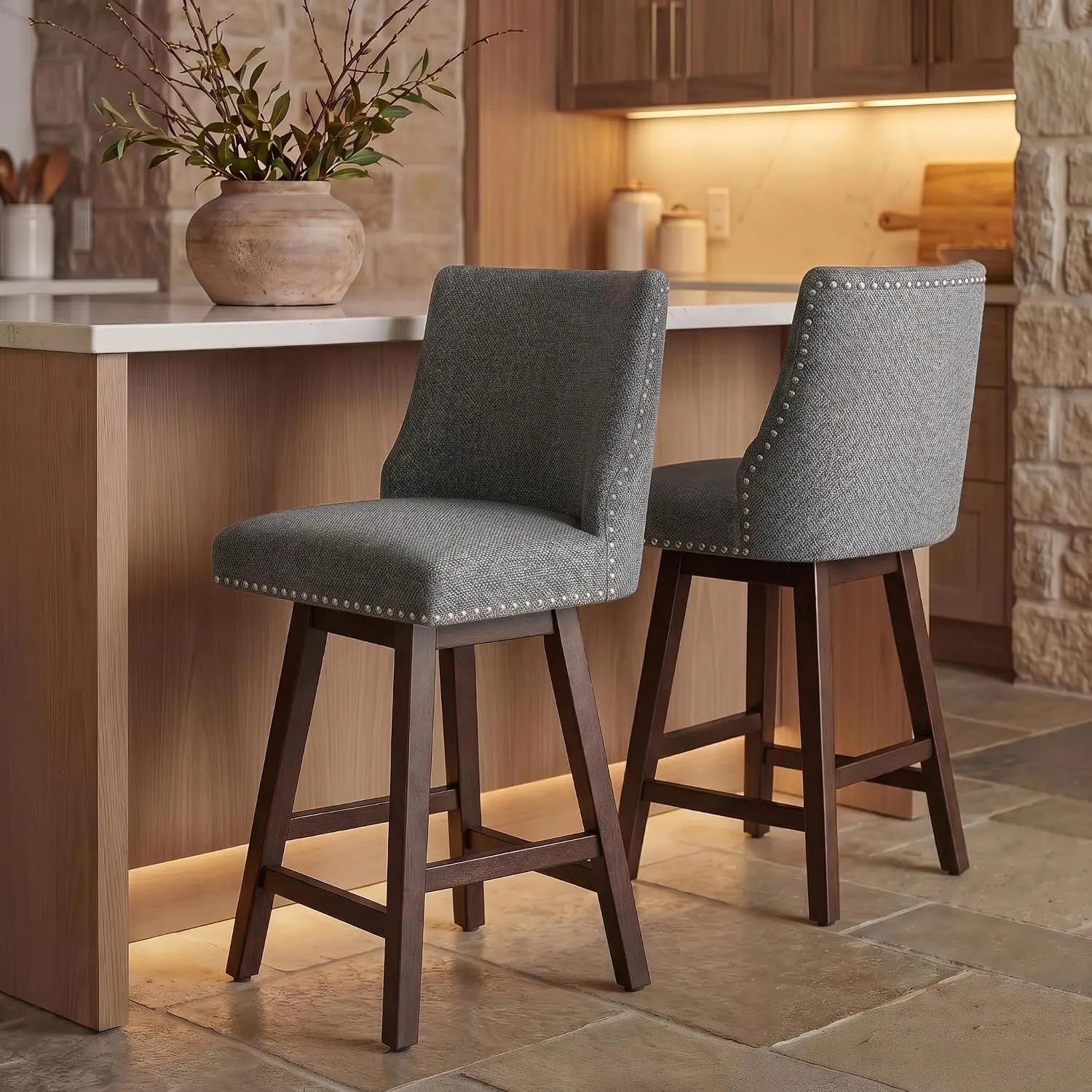 Counter Height Swivel Bar Stools Soft Fabric Set Of 2, 26 Inch Solid Wood Legs Footrest, Dark Grey Linen, Customized