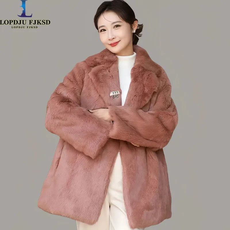 

Women's Rex Rabbit Fur Coat, Loose Long Overcoat, Thick Warm Female Clothing, Winter Zipper Jacket, High Quality, New Fashion