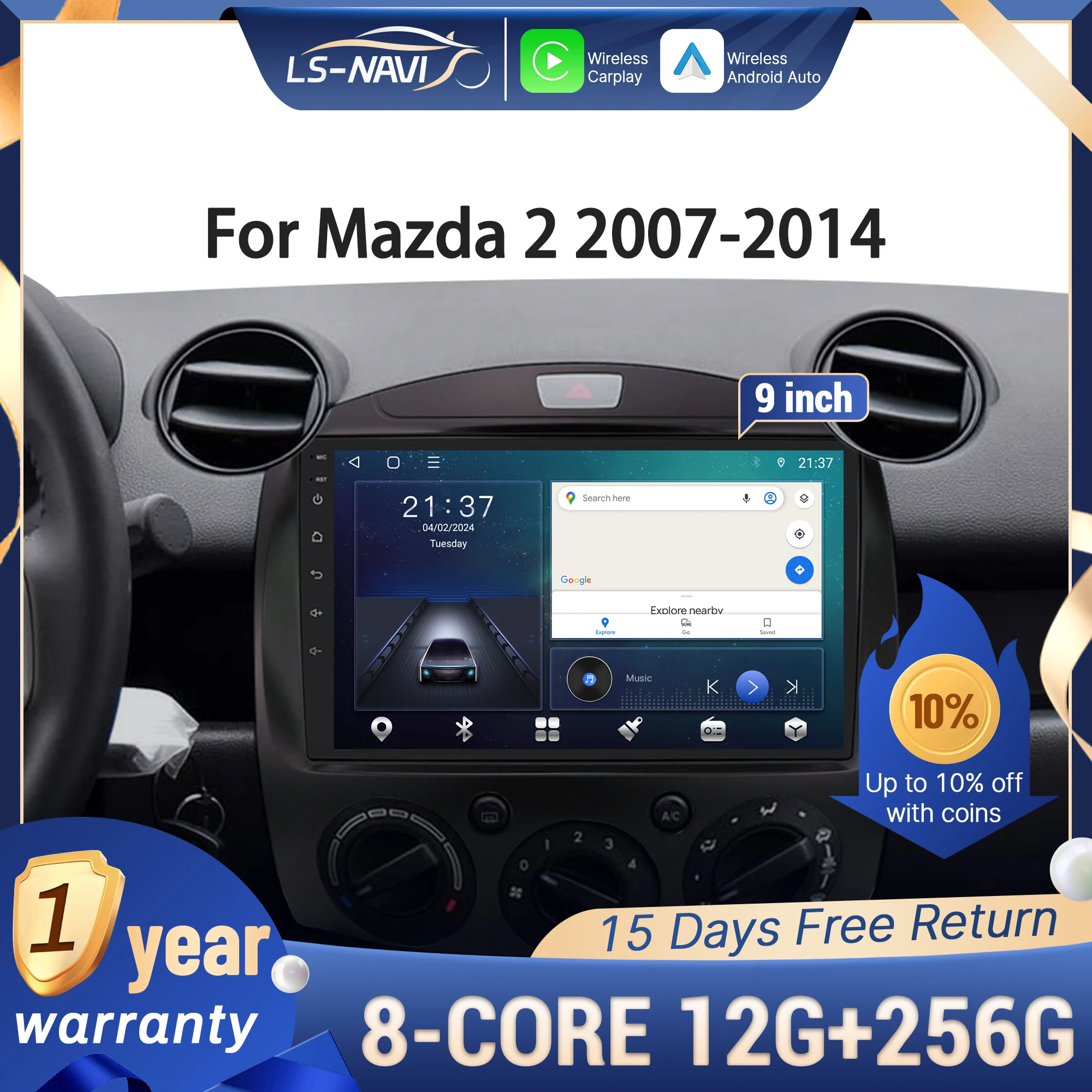 

Для Mazda 2 2007-2014 Android 14 мультимедийная навигация автомобильное радио 4G GPS беспроводной CarPlay сенсорный экран Bluetooth стерео