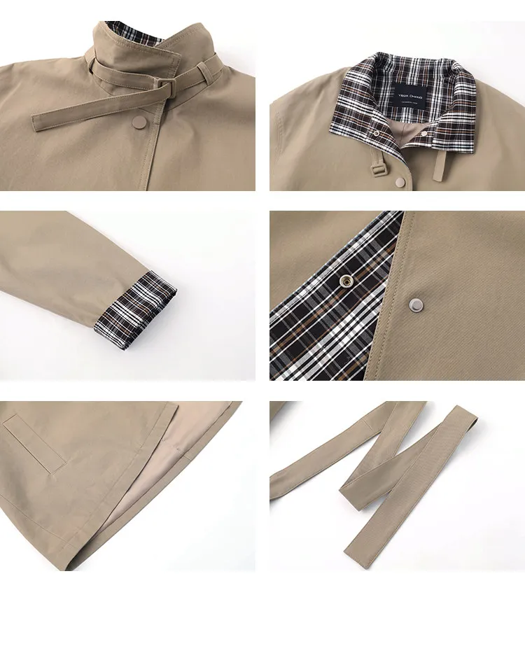 معطف نسائي قصير من Vega Chang للربيع والخريف مصنوع منقوش عليه ألوان فضفاض على الطراز البريطاني