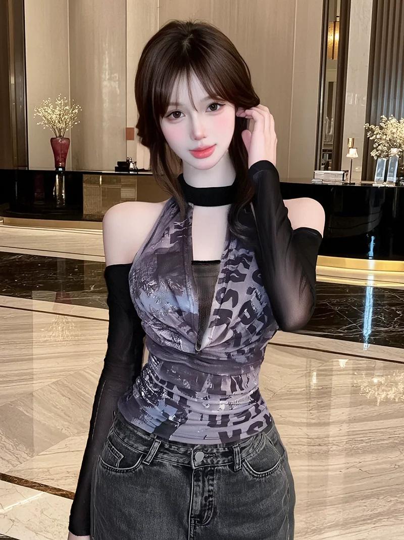 

Sexy American Retro Hot Girl One Shoulder Hanging Neck Sleeve Long T-Shirt Mesh Hollow out mid Waist Knitted Women's Top