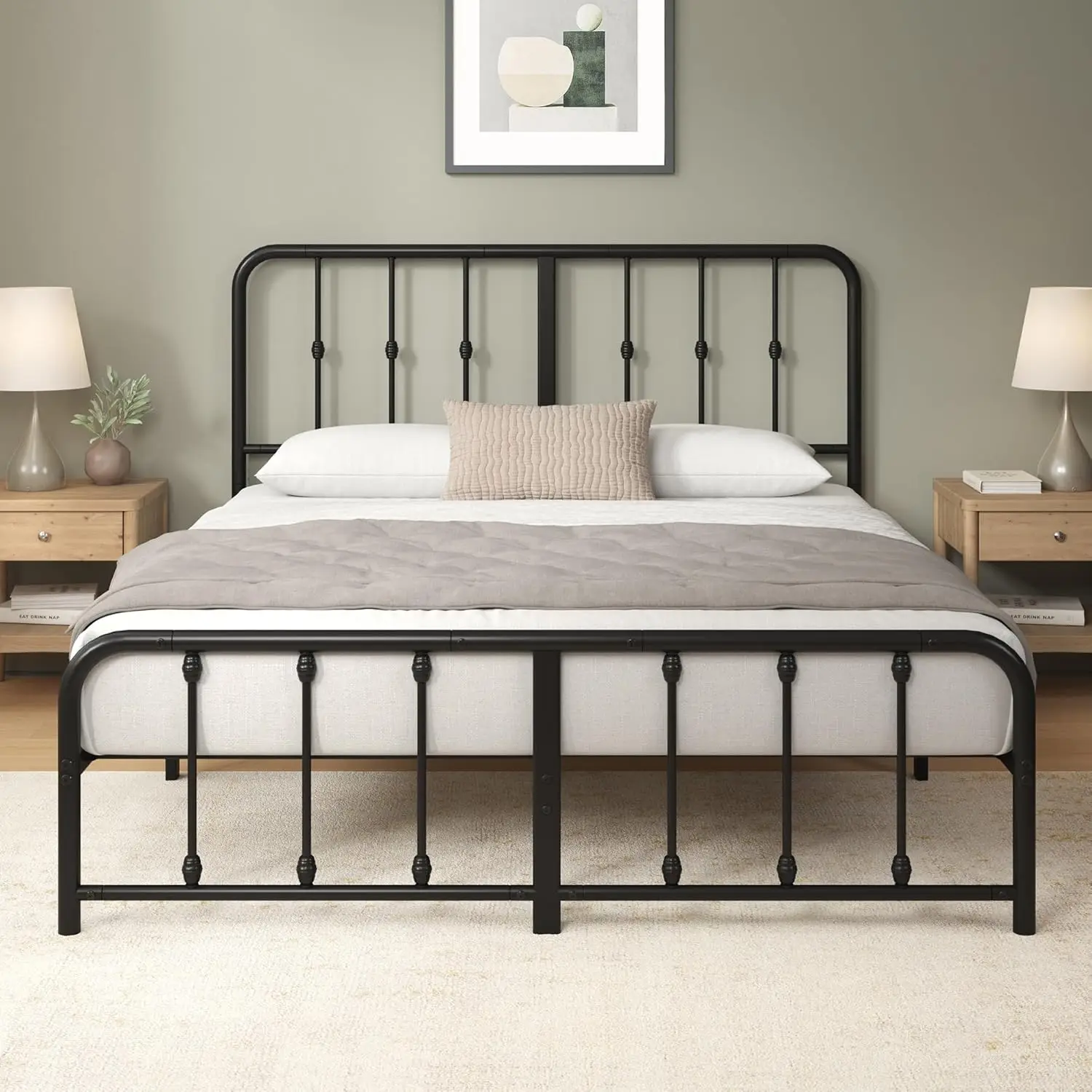 Estrutura de Cama Plataforma de Metal Zinus Leonardo, Cabeceira e Peseira Estilo Vitoriano com Hastes, Base de Cama Reforçada, Amplo Espaço para Armazenamento Sob a Cama