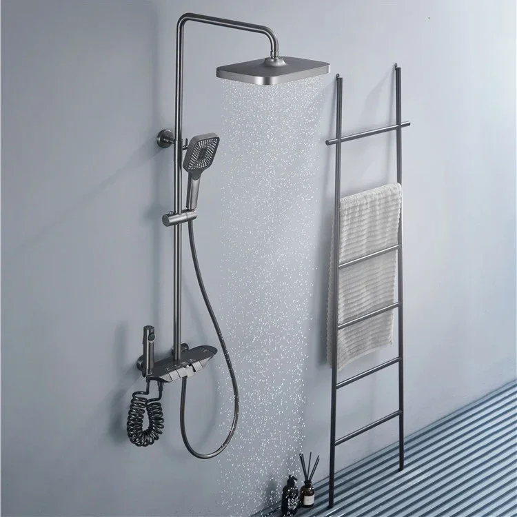 Modern Hotel Wall Mounted Stainless Steel Tap Rain Rainfall Hot Cold Water Bath Faucet Matt Gun Gray Piano Shower Set