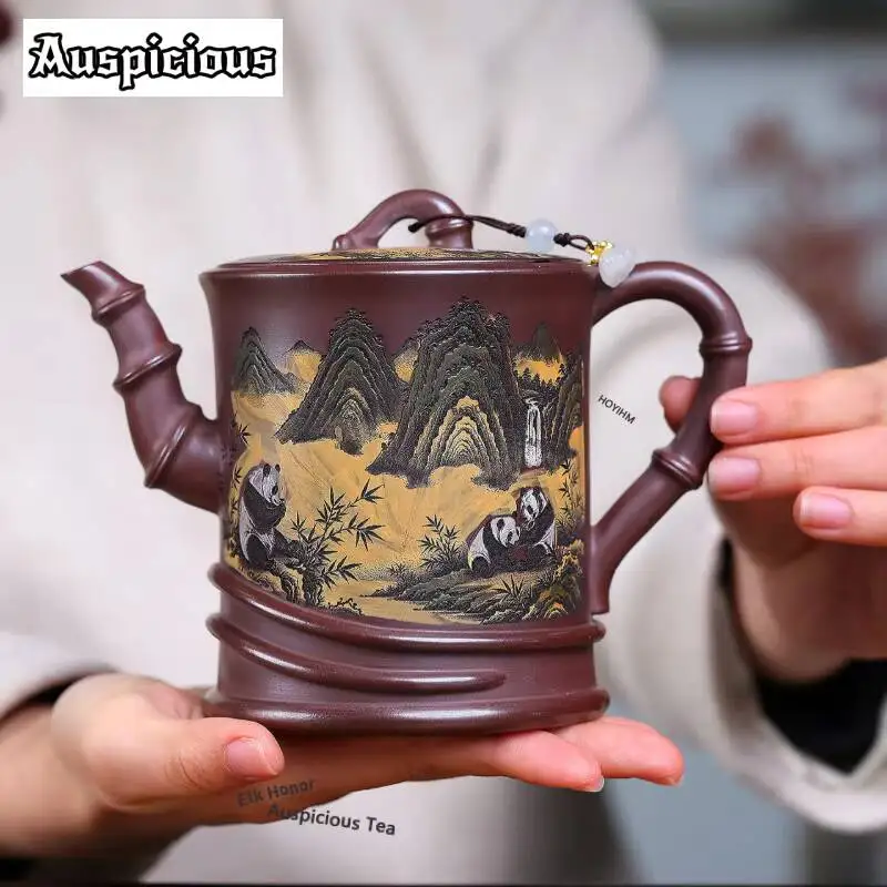 ZAEYORIA 570ml Yixing Purple Clay Large Teapots Handmade Panda Bamboo Pot Raw Ore Mud Kettle With Infuser Chinese Zisha Tea Set