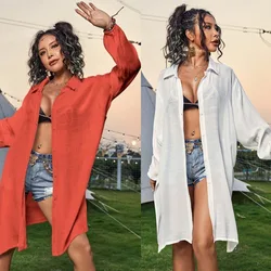 Multi Color Kimono Bikini Cover-ups Sexy Slub Cotton Beach Dress Summer Shirt Women Beach Wear Swim Suit Cover Up