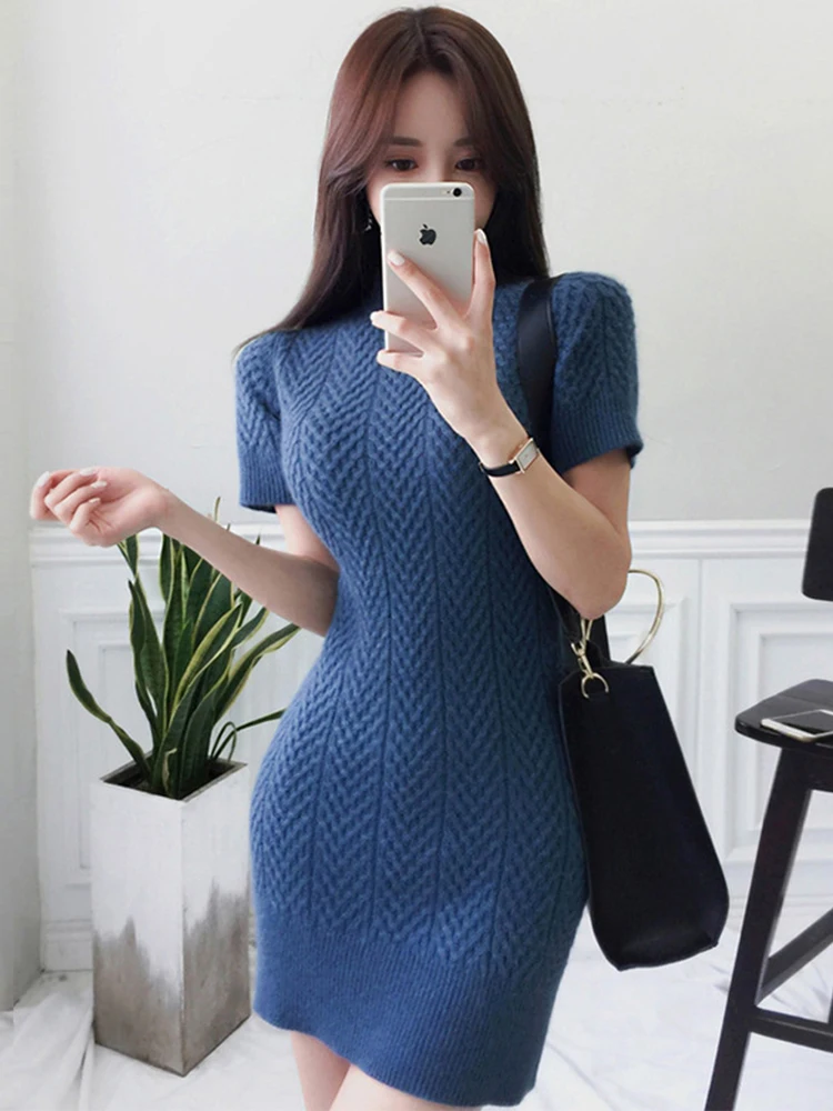 

Sexy Comfortable Knit Bouncy Warm Mini Dress Women Causal Blue Pink Sweater Bodycon Short Gown Femme Skinny Wild Bottom Vestidos