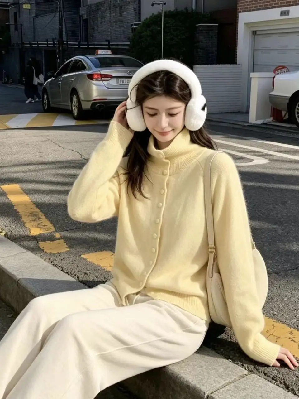 Korean Style Sweet High Collar Button up Sweater Women's Loose Beautiful Outerwear Autumn Winter New Lazy Style Knitted Coat