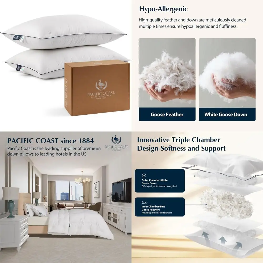 

Queen Size Goose Feather and Down Pillow Set for Side Sleepers, 3-Chamber Design for Comfortable Sleeping