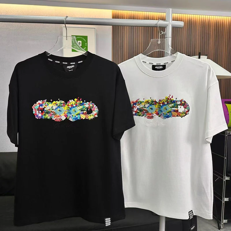 Colorful Floral Ring Letters Embroidered Logo Black White Breathable Round Neck Short Sleeve Summer Men Women GOODBRAND Tshirts