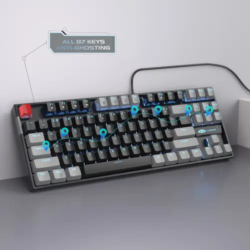 Imagen 2 del producto MageGee 75%-Teclado mecánico para juegos con interruptor azul/rojo, retroiluminado LED azul, 87 teclas, compacto, TKL, con cable, para PC con Windows