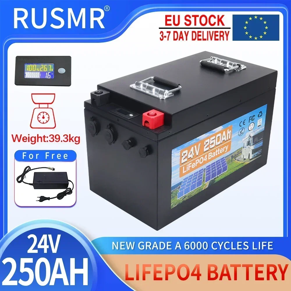 24V 250Ah LiFePO4 Battery Built-in BMS Lithium Iron Phosphate Cells Pack 6000 Cycles Life For RV Campers Golf Cart Solar Storage