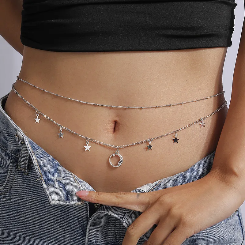 Aihua Double Layer Stars Moon Pendant Waist Chain for Women Simple Body Chain Summer Beach Waist Jewelry Accessories Waistband