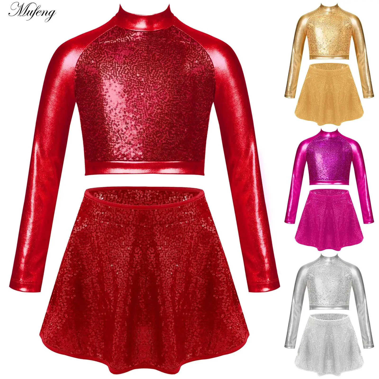 

Костюм для джазовых латинских танцев для девочек, блестящий металлический укороченный топ, юбка с блестками, комплект одежды, костюм для выступлений на сцене черлидинга