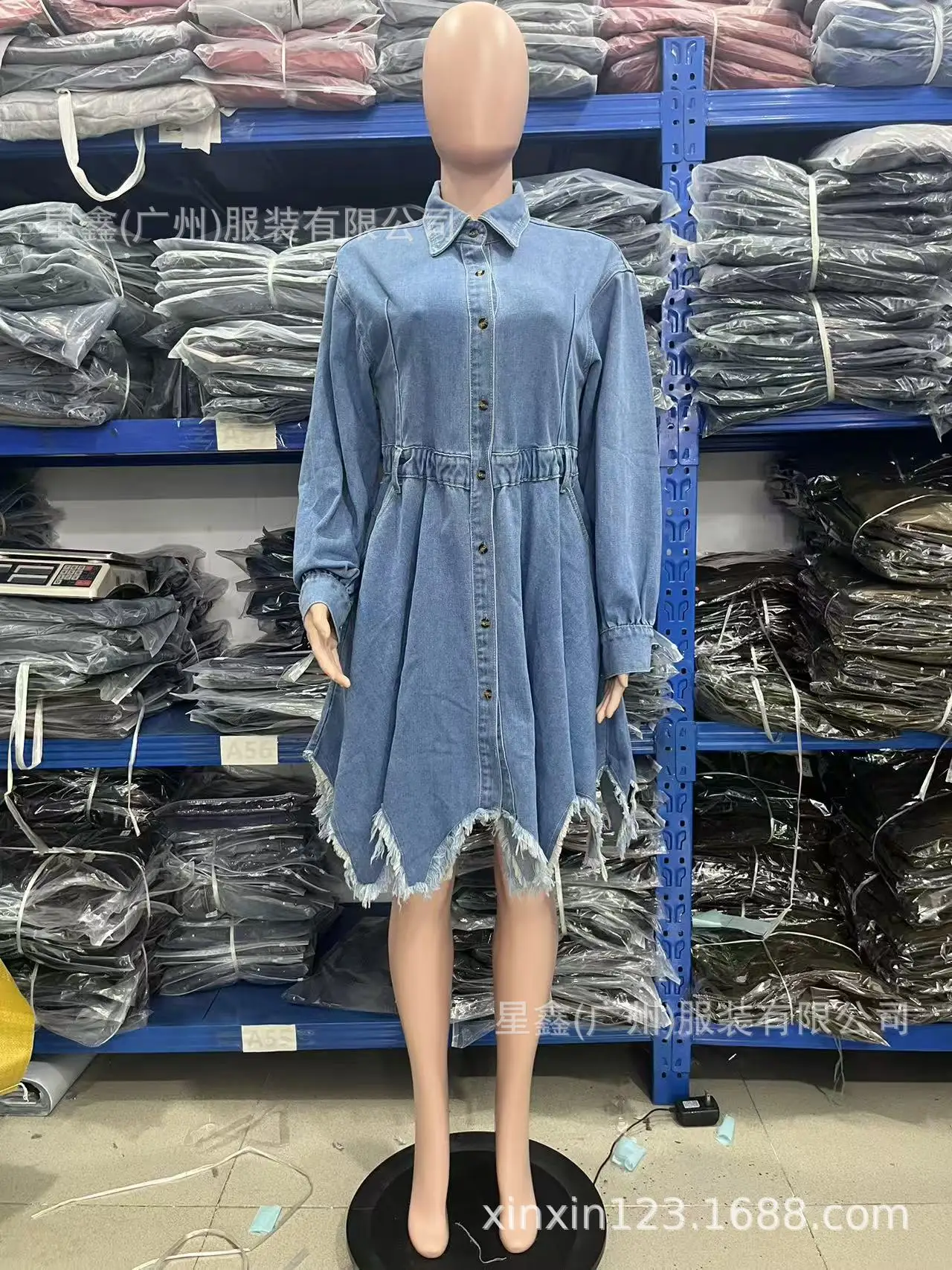 Women Lantern Sleeve Denim Shirt Dress Collared Button Front Frayed Scalloped Hem Mini Dress with Belt Casual Vintage Dress - view 3