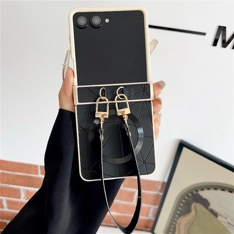 Für Samsung Galaxy Z Flip 8 7E 7 6 5 4 Geometrische Prisma Magnetische Handyhülle mit Handgelenkschlaufe, Scharnierschutz, stoßfeste Abdeckung