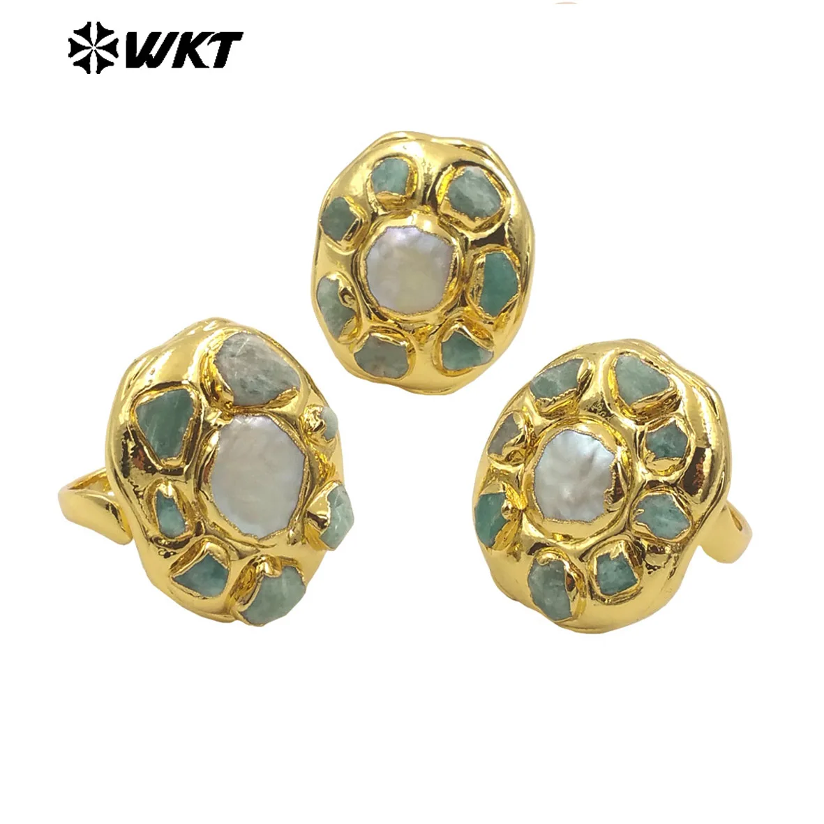 WT-MPR086  WKT 2023 Retro Amazonite And Pearl 18K Gold Plated Women Ring Adjustable Wedding INS Jewelry Popular Design