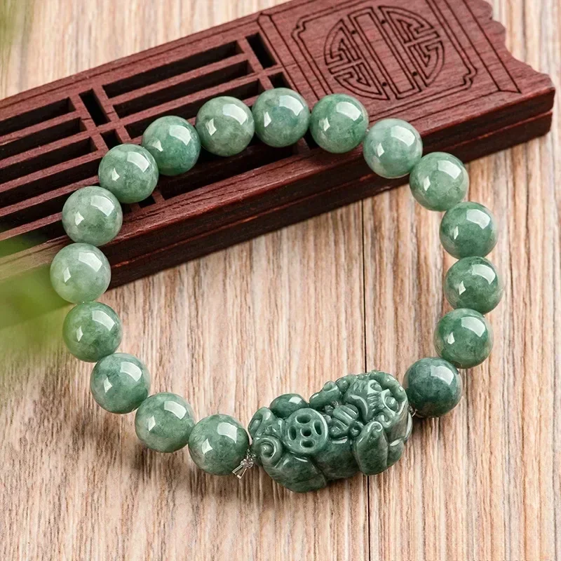 Authentic Natural A-grade Jadeite Pixiu Bracelets, Bean Green Jade Bracelets, Fashionable High-end Women's Jewelry