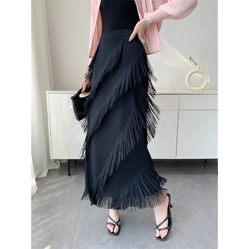 2026 Summer New Miyake Pleated Tassel Skirt Loose Fit Solid Color Mid-Length Jupe Elastic Waist Stretch Pleats Skirt for Women