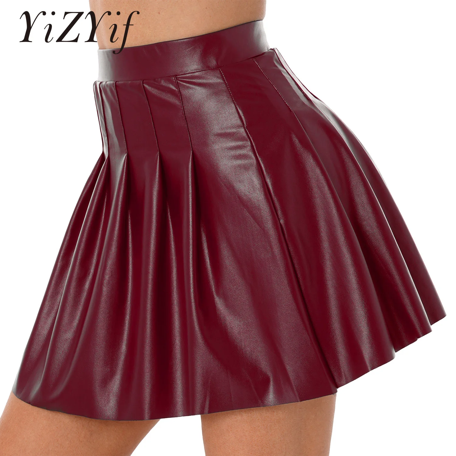 

Womens PU Leather Miniskirts High Waist Pleated A-Line Circle Skirt Rave Dance Bottoms Ladies Sexy Clubwear Fashion Skirts